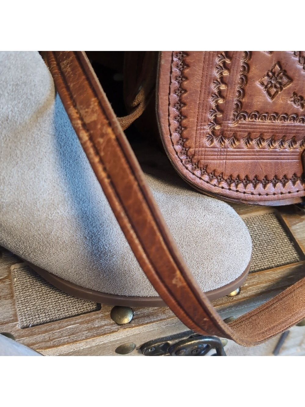 Tooled Mini Leather Vintage Buckled Saddle Bag - Picture 15 of 15